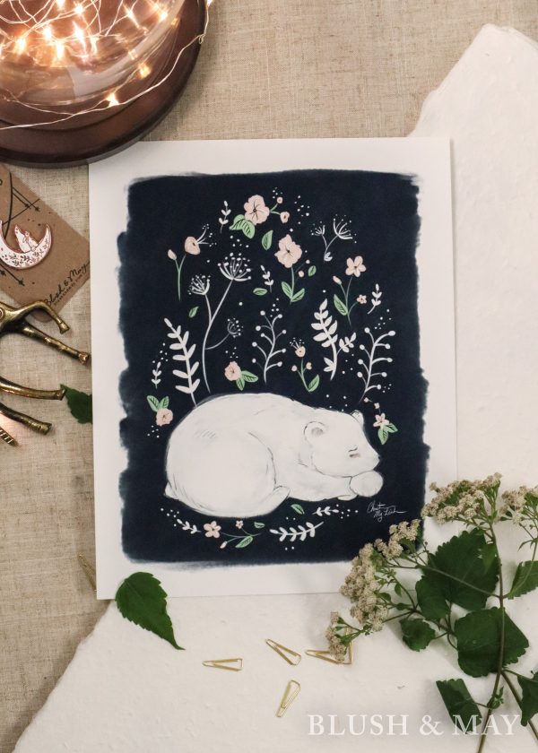 Blush and May Sleeping Polar Bear & Florals Animal Art Print For Sale