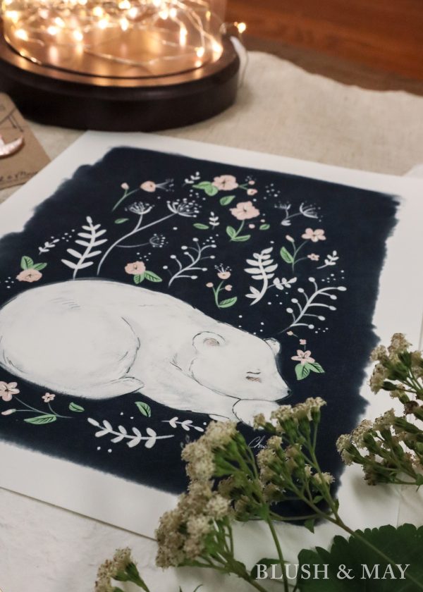 Blush and May Sleeping Polar Bear & Florals Animal Art Print For Sale