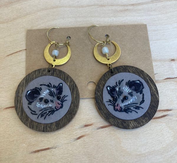 Thistle Finch Embroidered Opossum Earrings on Sale