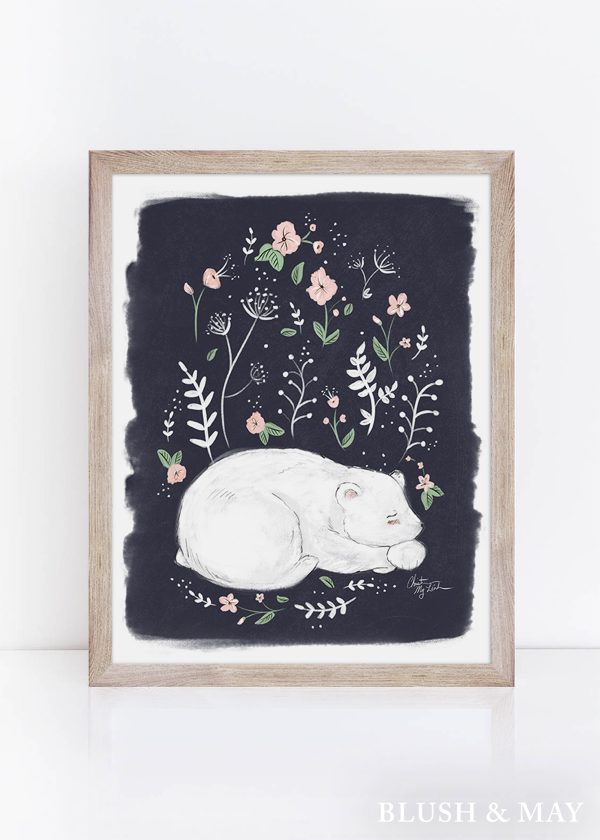 Blush and May Sleeping Polar Bear & Florals Animal Art Print For Sale